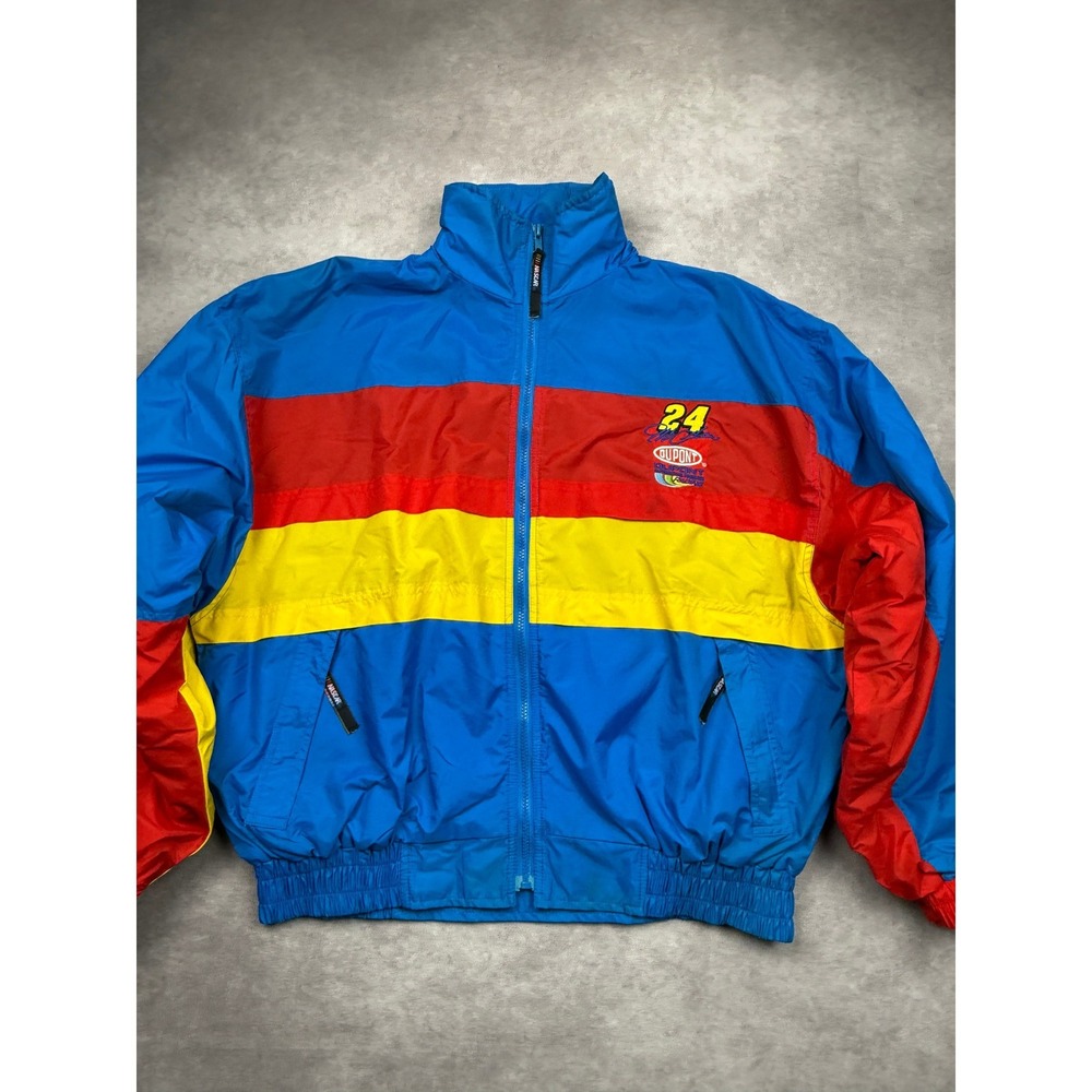 VTG 90s Jeff Gordon NASCAR Jacket Competitors View Blue Red Yellow #24 Mens L